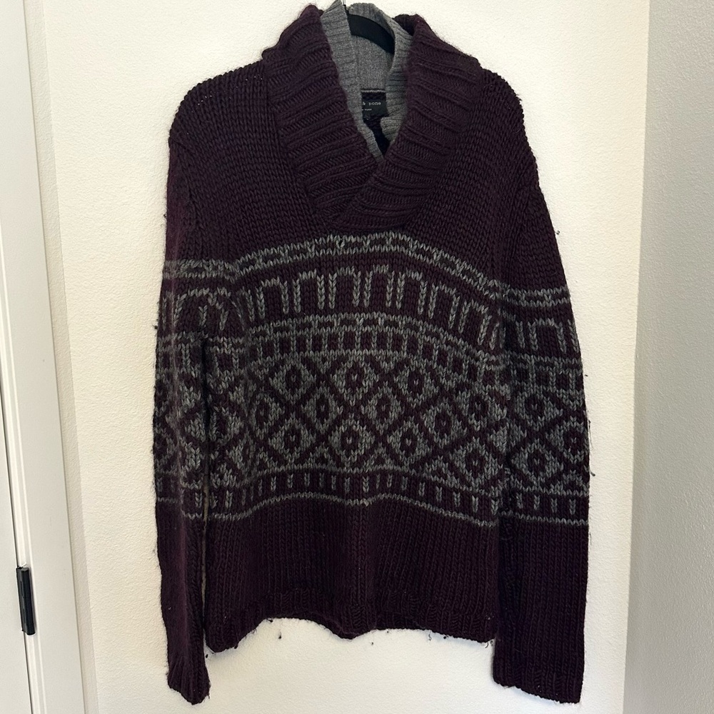 Rag & Bone Burgundy Purple Gray Faur Isle Knit Sweater Double Collared Size L